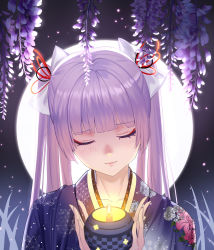 Rule 34 | absurdres, backlighting, commentary, english commentary, flower, full moon, highres, japanese clothes, kimono, long hair, moon, original, portrait, print kimono, purple flower, purple hair, purple kimono, siha, solo, twintails, wisteria