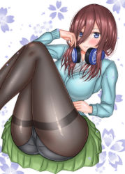 Rule 34 | 1girl, artist request, ass, black pantyhose, blue eyes, blue sweater, blush, breasts, brown hair, cameltoe, closed mouth, collared shirt, go-toubun no hanayome, green skirt, hair between eyes, twirling hair, hand up, headphones, headphones around neck, knees up, long hair, looking at viewer, medium breasts, nakano miku, panties, panties under pantyhose, pantyhose, pleated skirt, see-through, shirt, sitting, skirt, sleeves past wrists, smile, solo, sweater, underwear