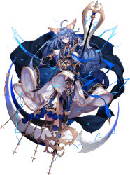 Rule 34 | 1girl, ahoge, animal ears, armor, armored boots, black thighhighs, blue eyes, blue hair, blush, boots, breastplate, cape, closed mouth, commentary, deathalice, dress, elin, full body, garter straps, gauntlets, hair between eyes, head tilt, highres, holding, holding weapon, huge weapon, long hair, looking at viewer, matching hair/eyes, scythe, simple background, solo, sparkle, tera online, thighhighs, very long hair, weapon, white background