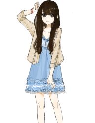Rule 34 | 1girl, arm up, bad drawr id, bad id, bare legs, black eyes, blue dress, bracelet, brown hair, brown jacket, closed mouth, dress, jacket, jewelry, lace, lace-trimmed dress, lace trim, light smile, long hair, looking at viewer, oekaki, original, sidelocks, simple background, solo, standing, tamako (ramil), white background