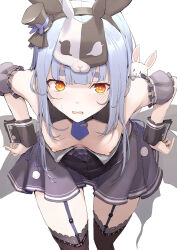 Rule 34 | 1girl, animal ears, black dress, blue hair, breasts, cowboy shot, detached sleeves, downblouse, dress, fake animal ears, garter straps, hat, highres, hololive, leaning forward, leotard, leotard pull, long hair, looking at viewer, mask, mask on head, mini hat, mini top hat, mitsuru (pixiv 34028718), nipples, open mouth, rabbit ears, rabbit mask, short sleeves, simple background, small breasts, solo, standing, thick eyebrows, thighhighs, top hat, usada pekora, usada pekora (furi furi bunny dress), virtual youtuber, white background, wrist cuffs