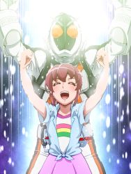 Rule 34 | 10s, 1boy, 1girl, aino megumi, armor, armpit peek, arms up, clenched hands, closed eyes, crossover, happinesscharge precure!, helmet, kamen rider, kamen rider fourze, kamen rider fourze (series), precure, shouting, smile, tj-type1