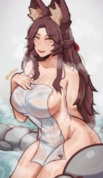 Rule 34 | 1girl, animal ear fluff, animal ears, artist name, blush, breasts, brown hair, cleavage, commission, fangs, hand on own chest, highres, huge breasts, long hair, looking at viewer, naked towel, nude, onsen, open mouth, orange eyes, sitting, smile, steam, thick thighs, thighs, towel, w4kih, waki (w4kih), water, wet towel