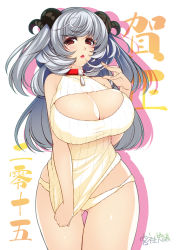 Rule 34 | 1girl, bare shoulders, blush, breasts, cleavage, clothes tug, collar, curvy, horns, huge breasts, lips, long hair, looking at viewer, meme attire, miyashiro sousuke, open-chest sweater, open mouth, original, panties, red eyes, ribbed sweater, ribbon, sheep horns, silver hair, sketch, solo, sweater, sweater tug, thigh gap, thighs, underwear, white panties, wide hips