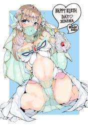 Rule 34 | 1girl, absurdres, adapted costume, aqua eyes, arabian clothes, bare shoulders, blush, breasts, bridal veil, brown hair, circlet, dancer, dated, funkysatou, gluteal fold, happy birthday, headgear, highres, huge filesize, long hair, looking to the side, medium breasts, mouth veil, parted lips, pelvic curtain, senki zesshou symphogear, senki zesshou symphogear xd unlimited, serena cadenzavna eve, shiny skin, sitting, solo, stomach, thighs, veil, wariza