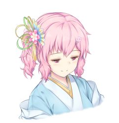Rule 34 | 1girl, alternate hairstyle, blue kimono, blush, commentary request, cropped torso, flower, hair ornament, hairclip, half-closed eyes, japanese clothes, kimono, no headwear, pink eyes, pink flower, pink hair, saigyouji yuyuko, short hair, side ponytail, sidelocks, simple background, smile, solo, touhou, upper body, yuriniel