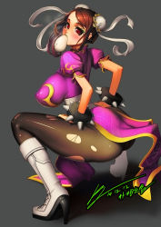 Rule 34 | 1girl, alternate color, ass, bad id, bad pixiv id, baozi, blush, boots, bracelet, breasts, brown eyes, brown hair, bun cover, capcom, china dress, chinese clothes, chun-li, covered erect nipples, cross-laced footwear, double bun, dress, eyelashes, food, hair bun, high heel boots, high heels, impossible clothes, jellytits-7, jewelry, knee boots, lace-up boots, large breasts, lipstick, looking back, makeup, mouth hold, open mouth, pantyhose, pelvic curtain, puffy sleeves, purple lips, sagging breasts, sash, shiny clothes, short hair, solo, spiked bracelet, spikes, squatting, steam, street fighter, torn clothes, torn pantyhose