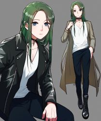 Rule 34 | 1boy, belt, bishounen, blue eyes, boots, choker, collarbone, commentary request, drawingddoom, eyes visible through hair, fire emblem, fire emblem: three houses, full body, green hair, grey background, highres, jacket, linhardt von hevring, long hair, long sleeves, looking at viewer, multiple views, nintendo, pants, shirt, simple background, standing