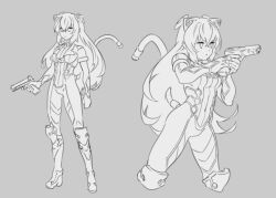 Rule 34 | 1girl, animal ears, armlet, arms at sides, bodysuit, boots, breasts, cat ears, cat girl, cat tail, center axis relock stance, closed mouth, commentary request, cropped legs, expressionless, greyscale, gun, handgun, hands up, headgear, high heel boots, high heels, holding, holding gun, holding weapon, knee boots, large breasts, long hair, magari (c0rn3r), mass production nora cat, mechanical boots, mechanical ears, mechanical tail, monochrome, multiple views, nora cat channel, simple background, skin tight, tail, two-handed, weapon