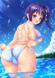 Rule 34 | 10s, 1girl, ass, bare shoulders, bikini, blue sky, blush, breasts, butt crack, cameltoe, cloud, covered erect nipples, from behind, hair ribbon, highres, kazuno sarah, large breasts, looking at viewer, looking back, love live!, love live! sunshine!!, matching hair/eyes, ocean, open mouth, purple eyes, purple hair, ribbon, side-tie bikini bottom, side ponytail, sky, smile, solo, splashing, standing, sunlight, swimsuit, thighs, wading, water, wet, yukimai