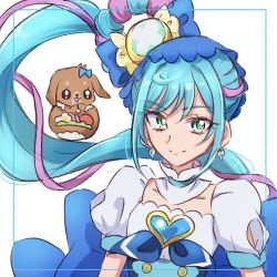 Rule 34 | 1girl, blue theme, brooch, commentary request, cure spicy, delicious party precure, earrings, eyelashes, fpminnie1, fuwa kokone, hair ornament, happy, heart, heart brooch, highres, jewelry, long hair, looking at viewer, magical girl, pam-pam (precure), precure, puffy short sleeves, puffy sleeves, short sleeves, side ponytail, simple background, sketch, smile, solo, very long hair, white background