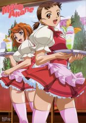 Rule 34 | 00s, 2girls, :d, ahoge, apron, ass, blue eyes, breasts, brooch, brown hair, chair, cherry, cloud, day, dessert, dress, fingernails, food, frilled apron, frills, from behind, fruit, highres, higurashi akane, holding, ice cream, indoors, jewelry, kneepits, large breasts, long fingernails, looking at viewer, looking back, magazine scan, megami magazine, multiple girls, my-hime, name tag, official art, open mouth, orange (fruit), orange eyes, orange hair, pink apron, pink legwear, pleated skirt, ponytail, scan, scrunchie, short dress, short hair, skirt, sky, smile, standing, sundae, takeuchi hiroshi, thighhighs, thighs, tokiha mai, tray, tree, waist apron, waitress, window, zettai ryouiki