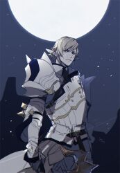 1boy armor blonde_hair breastplate cowboy_shot earclip elezen elf faulds final_fantasy final_fantasy_xiv from_side full_moon huge_moon male_focus moon night night_sky outdoors paladin_(final_fantasy) parted_lips pauldrons pointy_ears short_hair shoulder_armor sky solo standing yomo_(ym) zephirin_de_valhourdin