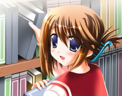 Rule 34 | 00s, 1girl, :d, blue eyes, blush, book, bookshelf, brown hair, folded ponytail, from behind, game cg, hair between eyes, hair ornament, hairclip, happy, holding, holding book, indoors, komaki manaka, library, looking at viewer, looking back, mitsumi misato, open mouth, parted bangs, portrait, sailor collar, school uniform, serafuku, short hair, smile, solo, to heart (series), to heart 2, upper body