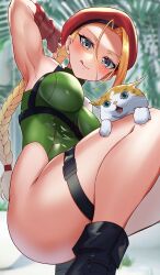 Rule 34 | 1girl, absurdres, ahoge, armpits, beret, blonde hair, blue eyes, braid, breasts, cammy white, cat, fingerless gloves, garrison cap, gloves, green leotard, hat, highleg, highleg leotard, highres, holster, huge ahoge, large breasts, leotard, licking lips, long hair, looking at viewer, red gloves, red hat, sato one1, street fighter, street fighter v, thigh holster, thighs, tongue, tongue out, twin braids
