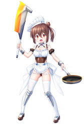 apron breasts brown_footwear brown_hair chef_hat frying_pan hat holding holding_weapon kuuchuu_yousai lilith-soft maid maid_apron medium_breasts mikuriya_minori official_art one-piece_swimsuit red_eyes short_hair side_ponytail swimsuit taimanin_(series) taimanin_rpgx thighhighs underwear weapon