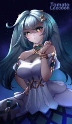 Rule 34 | 1girl, adapted costume, aqua hair, bare shoulders, bracelet, commentary, dress, faruzan (genshin impact), genshin impact, hair ornament, hand on own hip, hand up, head tilt, highres, jewelry, long hair, looking at viewer, night, night sky, off-shoulder dress, off shoulder, outdoors, puffy short sleeves, puffy sleeves, short sleeves, sky, solo, tomatolacoon, twintails, very long hair, white dress, x hair ornament, yellow eyes