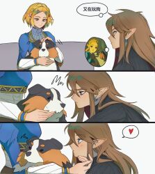 Rule 34 | 1boy, 1girl, blonde hair, blue eyes, brown hair, chinese commentary, chinese text, commentary request, corrupted twitter file, dog, earrings, hair ornament, hairclip, highres, jewelry, link, long hair, nintendo, petting, pointy ears, princess zelda, short hair, shuo yue, smile, the legend of zelda, the legend of zelda: tears of the kingdom