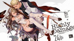 Rule 34 | 1boy, 1girl, bare shoulders, black panties, blonde hair, blood, boots, breasts, bridal veil, brown hair, burnt clothes, carrying, cleavage, closed mouth, commander (girls&#039; frontline), covering privates, covering crotch, cowboy shot, damaged, dress, elbow gloves, english text, eyepatch, full body, girls&#039; frontline, gloves, green eyes, griffin &amp; kryuger military uniform, gun, high heel boots, high heels, injury, jacket, jacket on shoulders, jewelry, large breasts, leaning forward, lee-enfield (girls&#039; frontline), long hair, long sleeves, manly, necklace, open clothes, open jacket, panties, pendant, princess carry, rei (sanbonzakura), rifle, short hair, sleeves rolled up, smile, standing, thigh boots, thighhighs, thighs, torn boots, torn clothes, torn dress, underwear, veil, weapon, wedding dress, white background, white dress, white footwear, white gloves, white jacket
