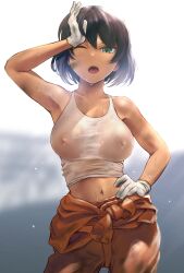 Rule 34 | 1girl, ;d, arm up, bare shoulders, black hair, blurry, blurry background, blush, breasts, brown hair, clothes around waist, collarbone, contrapposto, covered erect nipples, cowboy shot, dark-skinned female, dark skin, dirty, dirty clothes, girls und panzer, gloves, green eyes, hand on own hip, highres, hoshino (girls und panzer), jumpsuit, large breasts, looking at viewer, navel, no bra, one eye closed, open mouth, orange jumpsuit, pants, revision, see-through, shirt, short hair, smile, solo, standing, stomach, sweat, tank top, tied shirt, wa (genryusui), wet, wet clothes, white gloves, white shirt
