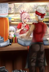 Rule 34 | alternate costume, archer (fate), blue eyes, buster shirt, cooking, cotton candy, emiya shirou, fate/grand order, fate (series), green eyes, grilling, highres, jack the ripper (fate/apocrypha), ketchup bottle, miyamoto musashi (fate), mustard bottle, nagishy, quick shirt, silver hair, sleeves rolled up