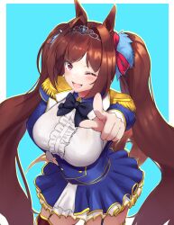 Rule 34 | 1girl, ;d, animal ears, black bow, black bowtie, black thighhighs, blue background, blue jacket, blue skirt, bow, bowtie, breasts, brown hair, center frills, commentary, daiwa scarlet (umamusume), dress shirt, ear ornament, epaulettes, fang, frilled skirt, frills, garter straps, hair intakes, hair ribbon, hand on own hip, highres, horse ears, horse girl, horse tail, jacket, large breasts, layered skirt, long hair, long sleeves, looking at viewer, miniskirt, okamen, one eye closed, open mouth, outline, purple eyes, red ribbon, ribbon, shirt, skin fang, skirt, smile, solo, standing, tail, thighhighs, tiara, twintails, umamusume, very long hair, white shirt, yellow outline