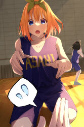 Rule 34 | 2girls, bare arms, basketball, basketball court, basketball uniform, blue eyes, blue unitard, blush, clothes writing, collarbone, commentary request, eyebrows hidden by hair, fingernails, flying sweatdrops, go-toubun no hanayome, green hairband, green ribbon, hair between eyes, hair ribbon, hair spread out, hairband, highres, image sample, indoors, looking at viewer, medium hair, multiple girls, nakano yotsuba, open mouth, orange hair, pixiv sample, playing sports, pov, pov hands, ribbon, sidelighting, solo focus, spoken flying sweatdrops, sportswear, straight-on, sweat, tamago sando