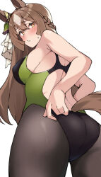Rule 34 | 1girl, absurdres, adjusting clothes, adjusting swimsuit, animal ears, ass, black pantyhose, braid, breasts, brown hair, clothing cutout, commentary request, competition swimsuit, cowboy shot, french braid, from behind, highleg, highres, horse ears, horse girl, horse tail, large breasts, long hair, looking at viewer, looking back, multicolored hair, one-piece swimsuit, pantyhose, pantyhose under swimsuit, partial commentary, pirukusu, satono diamond (umamusume), sideboob, solo, streaked hair, swimsuit, tail, tail through clothes, umamusume, white hair
