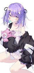 Rule 34 | 1girl, :3, absurdres, aqua hair, bandaged leg, bandages, black jacket, blush, breasts, cleavage, dress, ghost hair ornament, hair between eyes, hair ornament, hair ribbon, harenchi, highres, holding, holding stuffed toy, jacket, long sleeves, looking at viewer, medium breasts, multicolored eyes, multicolored hair, off shoulder, purple hair, ribbon, shinomiya runa, simple background, sleeves past fingers, sleeves past wrists, solo, stuffed animal, stuffed cat, stuffed toy, two side up, virtual youtuber, vspo!, white background, white dress
