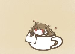 Rule 34 | 1girl, azur lane, black ribbon, brown hair, chibi, cup, formidable (azur lane), hair ribbon, in container, in cup, koti, long hair, red eyes, ribbon, simple background, teacup, twintails, yellow background
