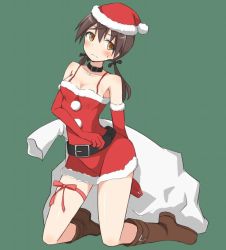 Rule 34 | 1girl, aiueo, bag, belt, blush, boots, brown eyes, brown hair, collar, collarbone, elbow gloves, gertrud barkhorn, gloves, hat, kneeling, santa costume, santa hat, solo, strike witches, sweatdrop, twintails, world witches series