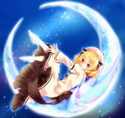 Rule 34 | 1girl, bad id, bad pixiv id, blonde hair, crescent, crescent moon, curly hair, fairy wings, female focus, hat, long sleeves, luna child, moon, night, on crescent, red eyes, short hair, skirt, sky, smile, solo, star (symbol), touhou, tsunakan, wide sleeves, wings