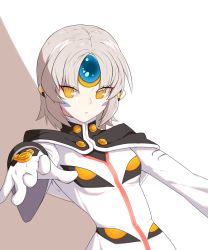 Rule 34 | 1girl, :c, another code (elsword), buttons, elsword, eve (elsword), eyes visible through hair, facial mark, forehead jewel, frown, gloves, highres, mechanical ears, short hair, silver hair, simple background, solo, xkxh1674, yellow eyes