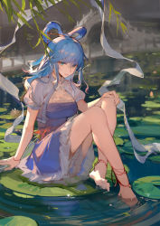 Rule 34 | 1girl, adapted costume, ankle bell, anklet, barefoot, bell, blue dress, blue eyes, blue hair, breasts, bridge, chinese clothes, commentary, dress, eyebrows hidden by hair, feet, full body, hagoromo, hair between eyes, hair ornament, hair rings, hair stick, highres, jewelry, jingle bell, kaku seiga, kumatangent, lake, leaf, lily pad, long hair, looking at viewer, medium breasts, parted lips, shawl, short sleeves, silk, sitting, soaking feet, solo, toes, touhou, water, willow