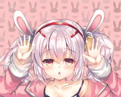 Rule 34 | 1girl, animal ears, arms up, azur lane, bare shoulders, blush, chestnut mouth, collarbone, commentary request, hair between eyes, hair ornament, hairband, jacket, laffey (azur lane), long hair, off shoulder, open clothes, open jacket, open mouth, pink background, pink jacket, portrait, rabbit background, rabbit ears, red eyes, red hairband, silver hair, solo, suzunone rena, twintails