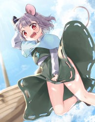 Rule 34 | 1girl, animal ears, ari don, black vest, blue capelet, capelet, cloud, day, grey hair, hand up, jewelry, long sleeves, mouse ears, mouse tail, nazrin, open mouth, outdoors, pendant, red eyes, shirt, socks, solo, tail, touhou, vest, white shirt, white socks, wind, wind lift
