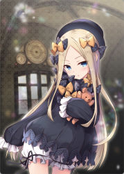 Rule 34 | 1girl, :o, abigail williams (fate), architecture, bankoku ayuya, black bow, black dress, black hat, black ribbon, blonde hair, bloomers, blue eyes, blush, bow, commentary request, contrapposto, cowboy shot, dress, fate/grand order, fate (series), forehead, frills, hair bow, hat, hugging doll, hugging object, long hair, long sleeves, looking at viewer, orange bow, parted bangs, parted lips, ribbon, sidelocks, sleeves past fingers, sleeves past wrists, solo, standing, star (symbol), star print, stuffed animal, stuffed toy, teddy bear, underwear, window