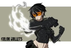 Rule 34 | 1girl, abs, black hair, clenched hands, color bullets, danielle redford (kamezaemon), elbow gloves, fighting stance, gloves, goggles, grey eyes, highres, jacket, kamezaemon, navel, one eye closed, open clothes, open jacket, original, short hair, simple background, skin tight, solo, toned