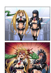 Rule 34 | 2girls, beast anime, black hair, black thighhighs, blonde hair, blood, blue eyes, breasts, bulging eyes, cleavage, corpse, death, guro, hand on own hip, impaled, indoors, large breasts, long hair, looking at another, military uniform, monster, multiple girls, multiple views, navel, necktie, open mouth, original, panties, red necktie, ryona, saliva, smile, striped clothes, striped panties, tears, tentacles, thighhighs, tongue, tongue out, twintails, underwear, uniform, wide-eyed