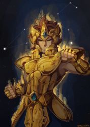 Rule 34 | 1boy, absurdres, armor, brown hair, clenched hand, constellation, full armor, glowing, gold armor, gold saint, green eyes, helmet, highres, leo (constellation), leo aiolia, looking at viewer, makinoatorie, male focus, night, night sky, saint seiya, short hair, sky, solo, stance, star (sky)