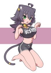 Rule 34 | 1girl, :o, absurdres, ahoge, animal ear fluff, animal ears, bare arms, bare legs, bare shoulders, barefoot, black hair, black shorts, black tank top, breasts, cat ears, cat girl, cat tail, clothes writing, collar, commentary, crop top, dolphin shorts, ear piercing, fang, full body, green eyes, hair between eyes, highres, large breasts, long hair, looking at viewer, midriff, mole, mole under eye, navel, ngetyan, original, paw pose, piercing, ringe (ngetyan), shorts, solo, tail, tail ornament, tail ring, tank top