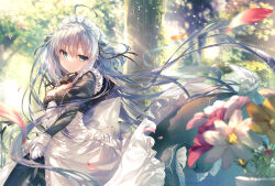 Rule 34 | 1girl, ahoge, apron, black dress, blue eyes, blurry, blurry foreground, breasts, closed mouth, comiket 103, commentary request, day, depth of field, dress, floating hair, flower, frilled apron, frills, gloves, grey hair, hair between eyes, highres, juliet sleeves, long hair, long sleeves, looking at viewer, maid, maid headdress, medium breasts, original, outdoors, petals, puffy sleeves, red flower, shouna mitsuishi, solo, tree, very long hair, white apron, white flower, white gloves, yellow flower
