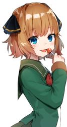 Rule 34 | 1girl, black ribbon, blue eyes, blush, brown hair, candy, food, green jacket, hachijou (kancolle), hair between eyes, hair ribbon, holding, holding candy, holding food, holding lollipop, jacket, kantai collection, lollipop, long sleeves, looking at viewer, mitamgr, red ribbon, ribbon, short hair, simple background, solo, tongue, tongue out, upper body, white background