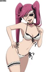 Rule 34 | 1girl, absurdres, arched back, artist name, bikini, bikini pull, black choker, black ribbon, bleach, bleach: sennen kessen-hen, bow, bow choker, breasts, breasts apart, bridal garter, choker, clothes pull, collarbone, crossed legs, eyepatch, front-tie bikini top, front-tie top, hair ribbon, hand on own hip, highres, long hair, looking at viewer, mistowing, navel, open mouth, pink bow, pink eyes, pink hair, pulled by self, ribbon, saitou furoufushi, side-tie bikini bottom, small breasts, solo, swimsuit, teeth, tongue, tongue out, twintails, upper teeth only, watson cross, white background, white bikini