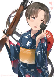 Rule 34 | 1girl, ;d, ayanami (kancolle), bad id, bad pixiv id, brown hair, hand fan, heart, holding, holding weapon, japanese clothes, juurouta, kantai collection, kimono, long hair, one eye closed, open mouth, paper fan, side ponytail, simple background, smile, solo, uchiwa, weapon, white background, yukata