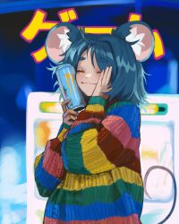 Rule 34 | ^ ^, ahoge, animal ears, blue hair, blurry, blurry background, blush, can, closed eyes, closed mouth, dot nose, drink, hand on own cheek, hand on own face, happy, highres, holding, holding can, holding drink, hugging object, long sleeves, medium hair, monster energy, mouse ears, mouse girl, mouse tail, multicolored clothes, multicolored sweater, original, parasoru buruu, rainbow order, sleeves past wrists, smile, sweater, tail, text background, thick eyebrows, upper body