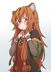 Rule 34 | 1girl, animal ears, blush, brown hair, collar, grey background, hair between eyes, hands up, highres, layered sleeves, long hair, long sleeves, looking at viewer, metal collar, mountain han, parted lips, purple eyes, raccoon girl, raphtalia, short over long sleeves, short sleeves, signature, simple background, solo, tate no yuusha no nariagari, white background, wide-eyed