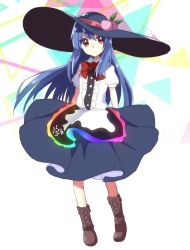 Rule 34 | 1girl, abe suke, blue hair, blue skirt, bow, bowtie, brown eyes, brown footwear, closed mouth, food, fruit, full body, hat, hinanawi tenshi, leaf, long hair, looking at viewer, peach, rainbow order, red bow, red bowtie, short sleeves, sidelocks, signature, skirt, solo, standing, touhou