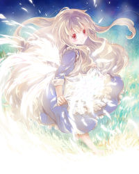 Rule 34 | 1girl, barefoot, blonde hair, blush, chikaya, dress, feathers, grass, highres, kagerou project, kozakura marry, long hair, looking at viewer, red eyes, smile, solo