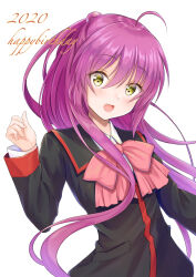 Rule 34 | 1girl, 2020, absurdres, ahoge, black jacket, blush, bow, commentary request, dated, dated commentary, eyelashes, eyes visible through hair, floating hair, futaki kanata, hair between eyes, half updo, hand up, happy birthday, highres, jacket, little busters!, long hair, long sleeves, looking at viewer, open mouth, pink bow, purple hair, rgrey00, school uniform, short ponytail, shy, simple background, solo, straight hair, uniform, upper body, very long hair, white background, wide-eyed, yellow eyes